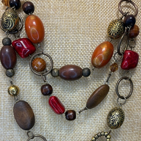 Bohemian Multi-Strand Necklace with Red, Orange and Brown Beads - Picture 2 of 4